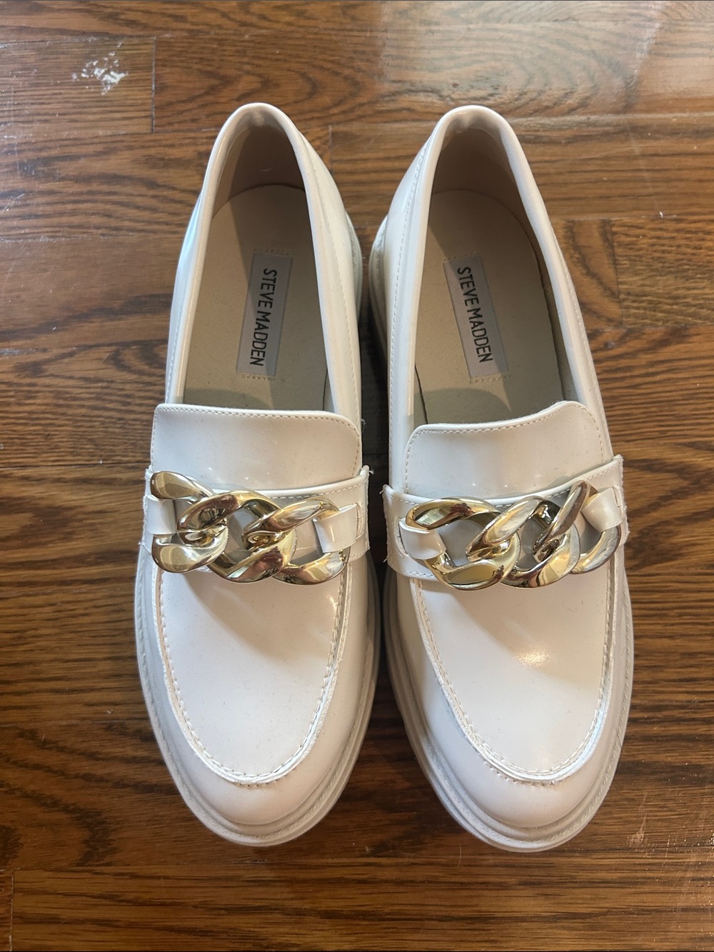 Steve Madden Cream Loafers with Gold Chain Accent